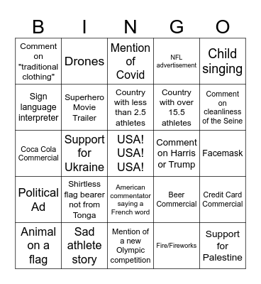 2024 Summer Olympic Bingo Card