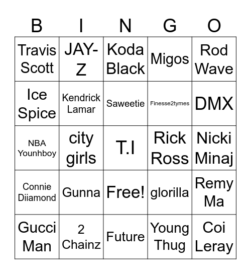 Trap Music Bingo Card