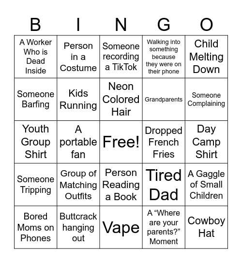 Six Flags Bingo Card