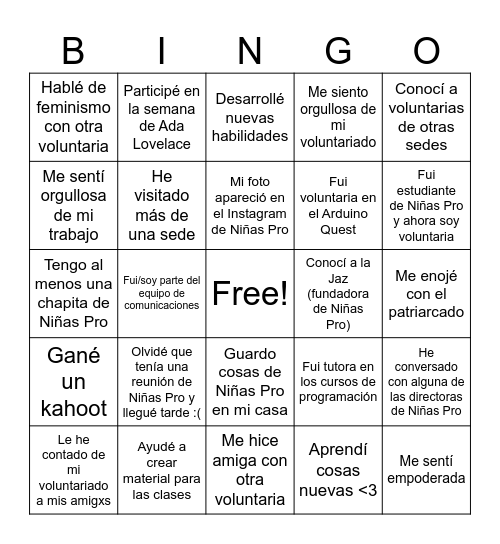 Bingo de voluntariado Niñas Pro Bingo Card