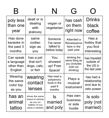 Poly Cocktails Bingo Card