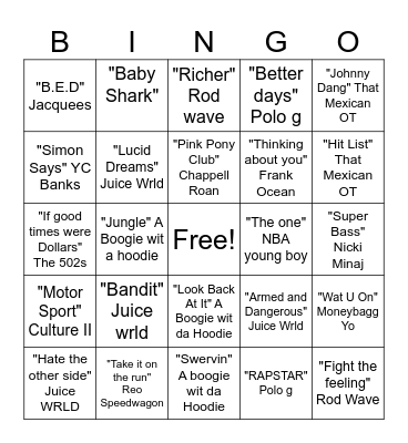 Songs You Picked Bingo Card