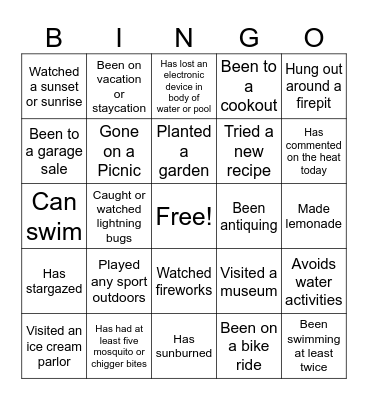 Summer Bingo Card