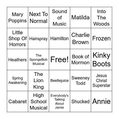Broadway Music Bingo Card