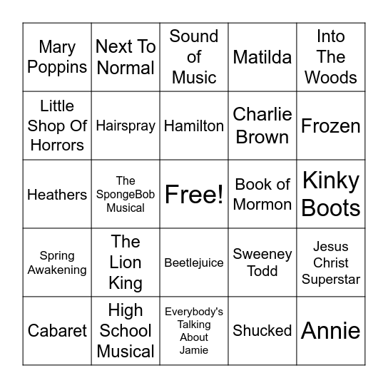 Broadway Music Bingo Card