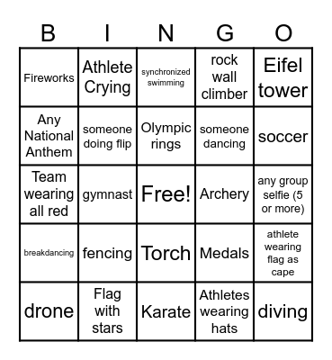 Olympic opening ceremony Bingo Card