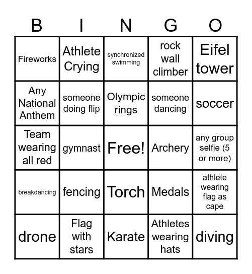 Olympic opening ceremony Bingo Card