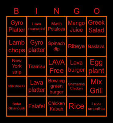 LAVA Bar & Grill BINGO Card