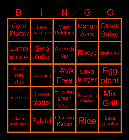 LAVA Bar & Grill BINGO Card