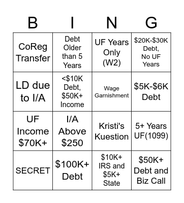 Transfer Bingo Card