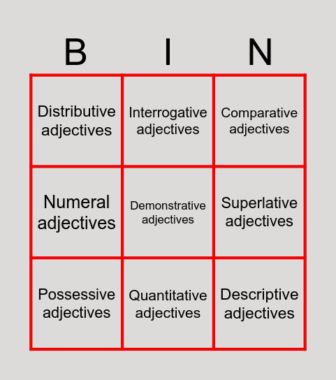 Types of adjectives Bingo Card