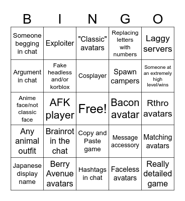 Roblox Bingo Card