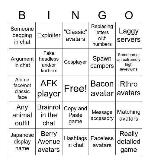 Roblox Bingo Card