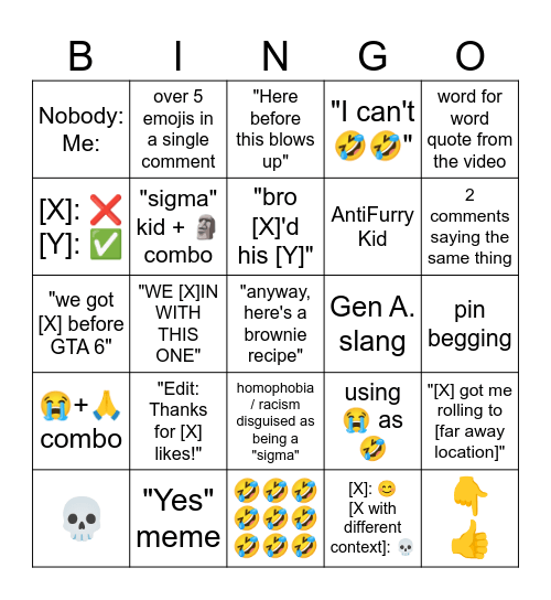 YTS COMMENT BINGO Card