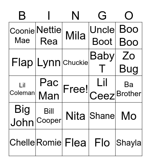 Smith Family Bingo Card