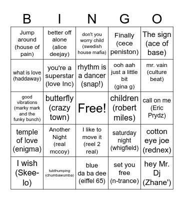 Roads 90's Dance Mix 2024 #2 Bingo Card