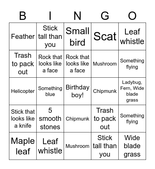 Birthday Wilderness Bingo Card