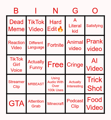 YouTube Shorts Bingo Card