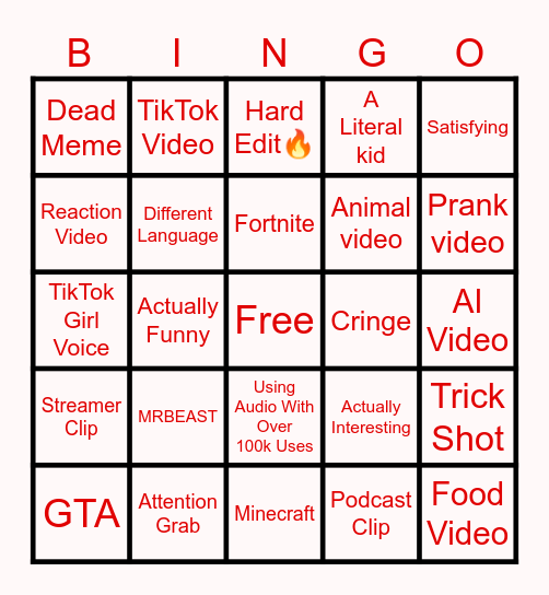 YouTube Shorts Bingo Card