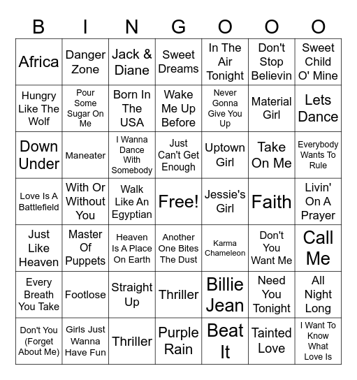 80's Bingo Card