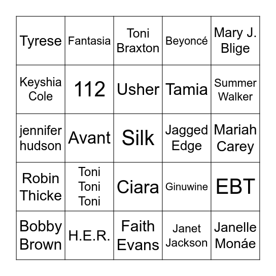 R & B Bingo Card