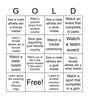 NExT Paris Olympics Bingo Card