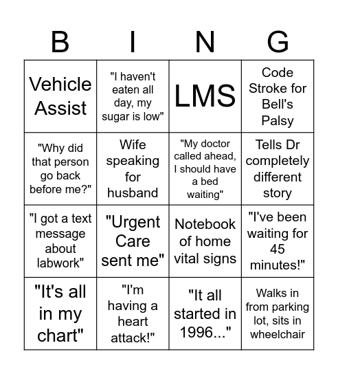 Triage Bingo Card