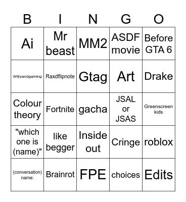 Youtube shorts Bingo Card