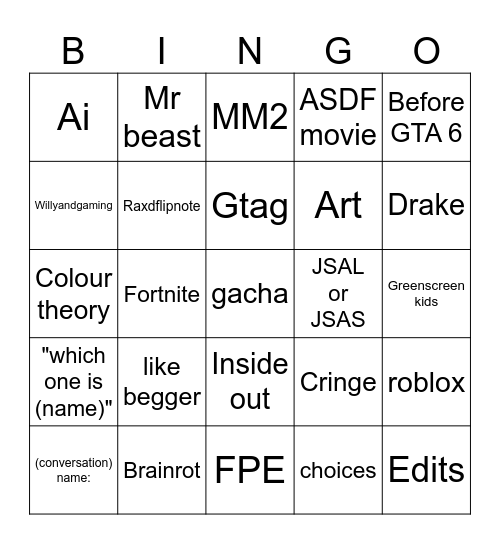 Youtube shorts Bingo Card