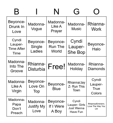Radio Bingo Female Icon Battles Bingo Card