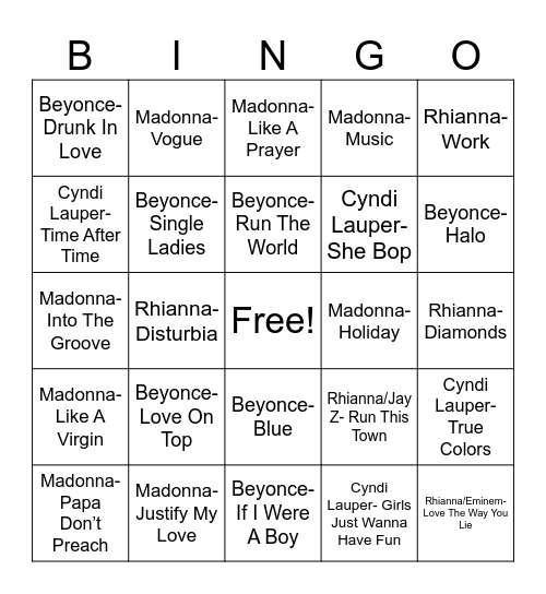 Radio Bingo Female Icon Battles Bingo Card