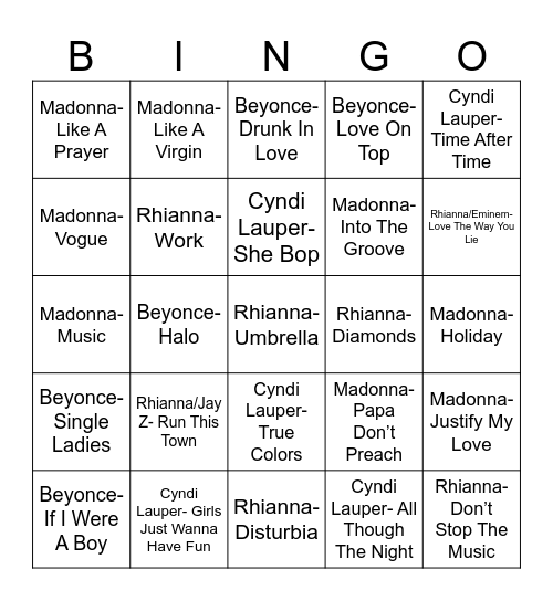 Radio Bingo Female Icon Battles Bingo Card