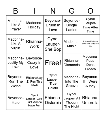 Radio Bingo Female Icon Battles Bingo Card