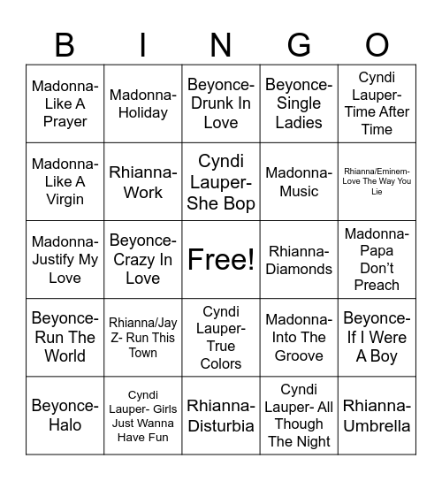 Radio Bingo Female Icon Battles Bingo Card