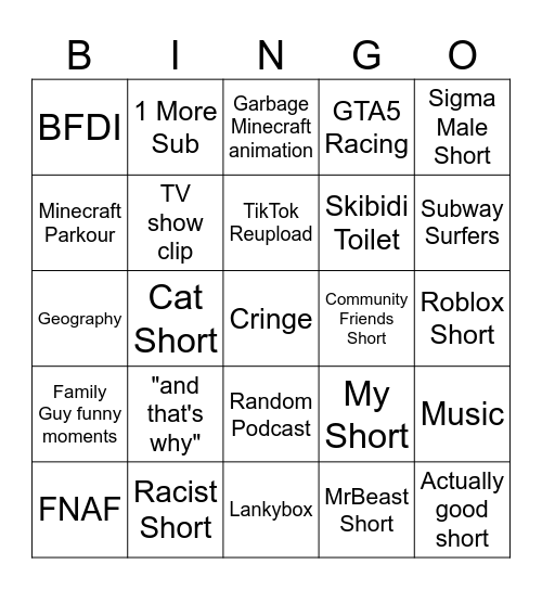 YouTube Shorts Bingo Card