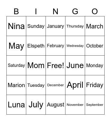 Days and Months and Names Bingo Card