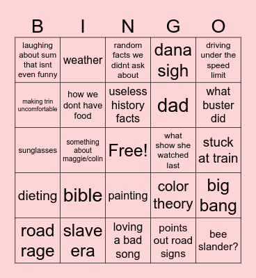 dana car ride Bingo Card