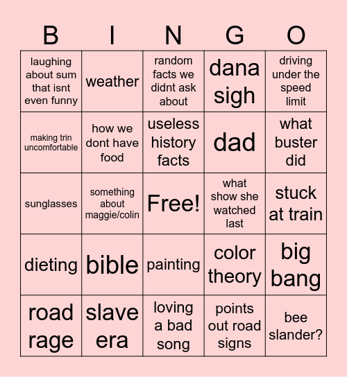 dana car ride Bingo Card