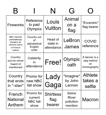 Paris 2024 Opening Ceremony Bingo Card