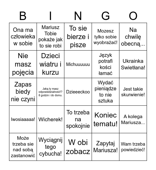 Redzikowe Bingo Card