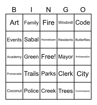 Coconut Creek Bingo Card