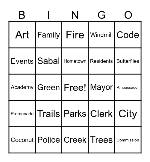 Coconut Creek Bingo Card