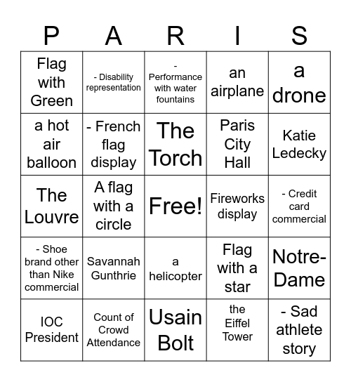 The Olympic Games Opening Ceremony Bingo Card