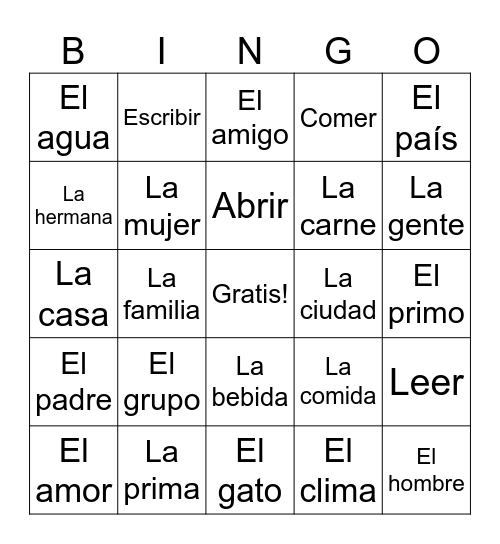 Sustantivos Bingo Card
