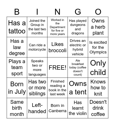Colleague Bingo Card