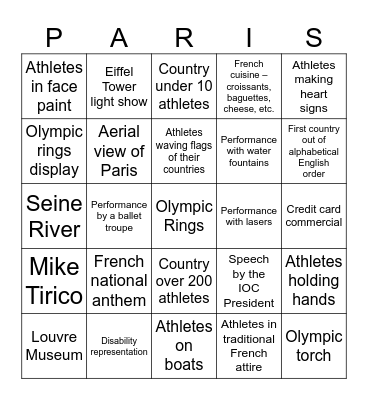 Opening Ceremony Bingo Card