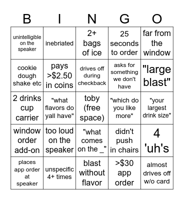 Sonic Drive-Thru Bingo Card