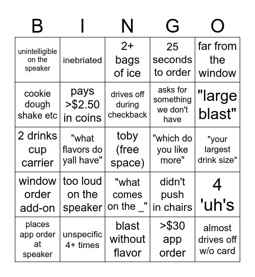 Sonic Drive-Thru Bingo Card