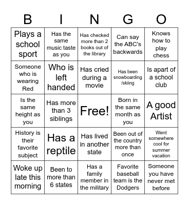 Sena's Classmate Bingo Card