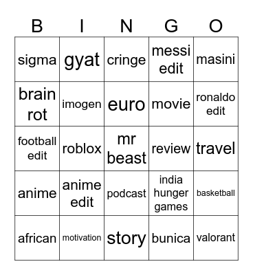 tik tok Bingo Card